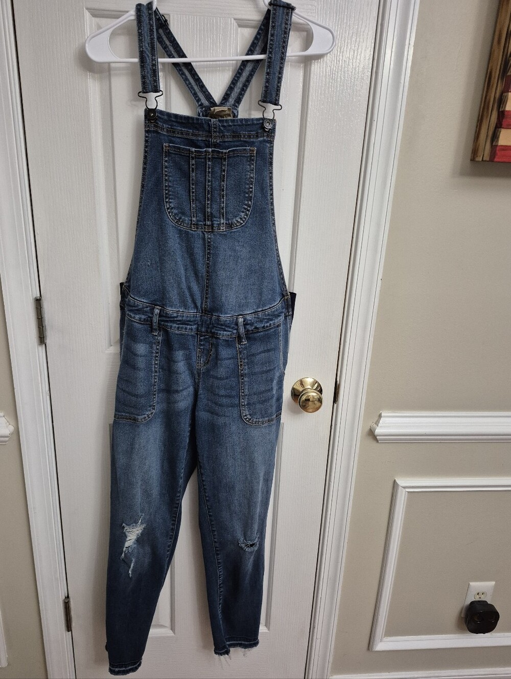 Maternity Indigo Blue Women’s M Denim Overalls Blue Stretch Distressed Pockets